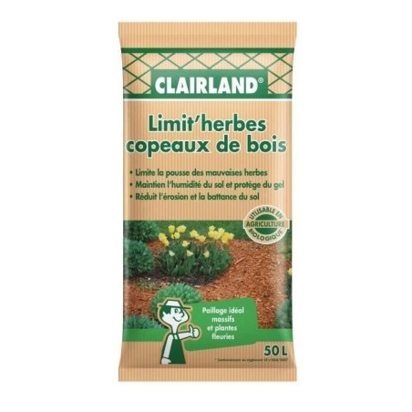 Copeaux de bois nature Limit'herbes - Paillage idéal massifs et plantes fleuries - UAB - 50 L - CLAIRLAND
