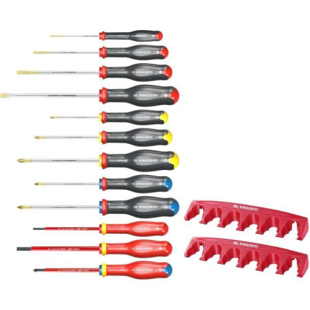 Jeu de 12 tournevis PROTWIST - FACOM - AT.J12R1PB + 2 racks de rangement -