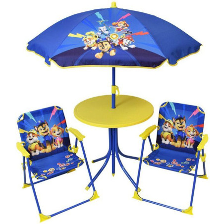 Salon de jardin FUN HOUSE PAT'PATROUILLE - 1 table 46 x Ø46 cm, 2 chaises 53 x L.38,5 x P.37,5 cm et 1 parasol H.125 x Ø100 cm