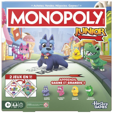 Monopoly Junior 2 en 1 carré (édition 2026), Jeu de Plateau, Plateau réversible, 2 a 4 Joueurs, 20 Min, Version française, d