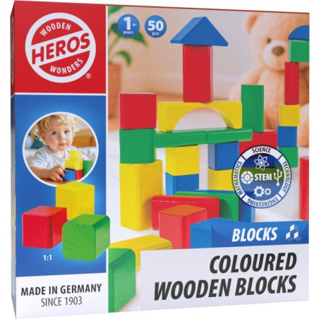 HEROS - Blocs de construction en bois colorés 100 % certifié FSC - 50 pieces - Des 1 ans