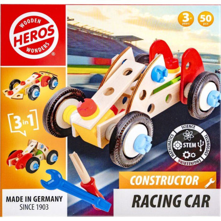 HEROS Constructor - Voiture de course a construire - En bois 100 % certifié FSC - 50 pieces - Des 3 ans