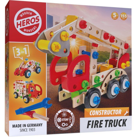 HEROS Constructor - Camion de pompier a construire - En bois 100 % certifié FSC - 155 pieces - Des 5 ans