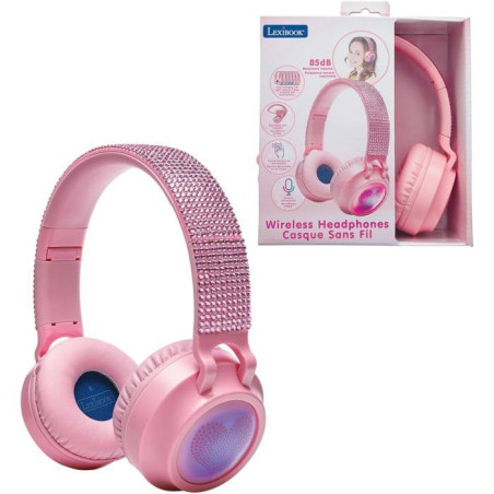 LEXIBOOK - Casque lumineux pliable Bluetooth et filaire avec un design 3D strass roses avec limitation du volume