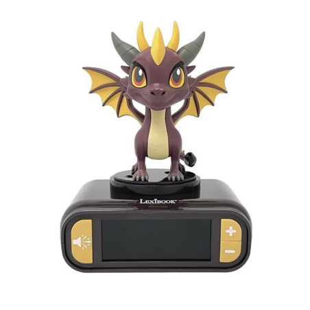 LEXIBOOK - Réveil veilleuse Dragon - Sons et mélodies, écran LCD rétro-éclairé et lumineux - Noir, Violet, Jaune