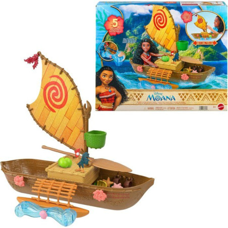Coffret La Grande Pirogue de Vaiana avec 5 Zones de Jeu, 9 Accessoires, Figurine Animale Heihei et balançoire a Bascule, JLN22