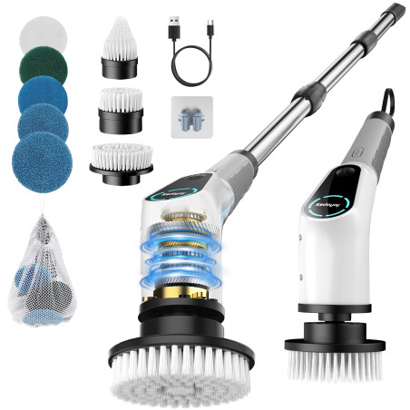 Brosse de Nettoyage électrique Rotative, Brosse de Douche avec 8 Têtes de Brosse Remplaçables, Electric Spin Scrubber avec Manch