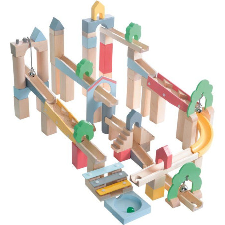 Circuit a billes en bois - ROBA - 20 billes en verre - 60 briques de construction - Naturel / Ciel / Jaune / Corail