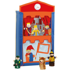Théâtre de marionnettes en bois et tissu - ROBA - Avec 6 marionnettes a main - Rouge / Bleu / Orange