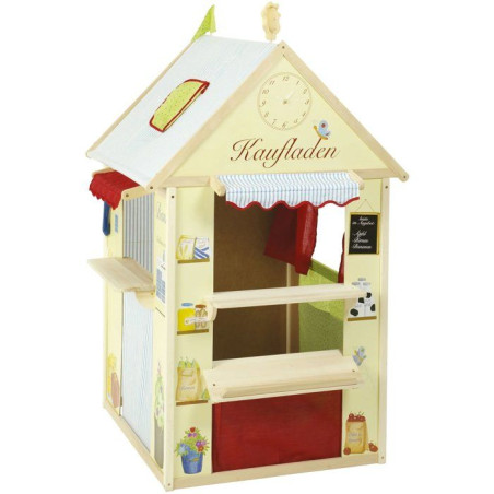 Maisonnette 4-en-1 - ROBA - Bois - 4 faces : Théâtre de marionnette, épicerie, poste et banque - Jaune / Vert pastel