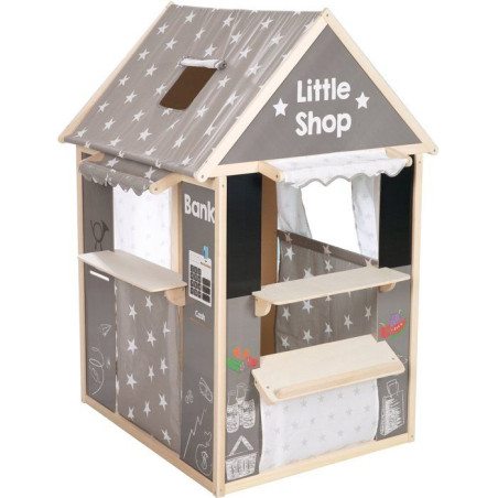 Maisonnette 4-en-1 - ROBA - Bois et tissu - 4 faces : Théâtre, épicerie, guichet poste banque, kiosque avec tableau - Gris