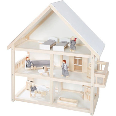 Maison de poupée en bois - ROBA - 3 étages avec 16 pieces de mobilier et 4 poupées&nbsp;- Naturel / Blanc / Gris
