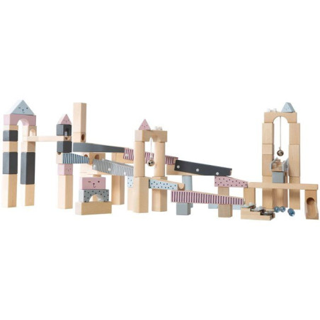 Circuit a billes en bois - ROBA - 20 billes en verre - 80 briques de construction - Naturel / Marine / Ciel / Rose