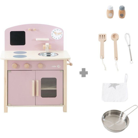 Cuisine en bois pour enfant - ROBA - Équipée avec accessoires - Rose / Naturel