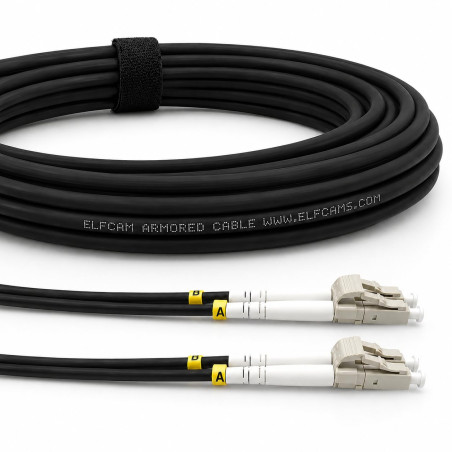 Elfcam® - Câble à Fibre Optique en Acier Blindé pour Extérieur et Intérieur LC/UPC à LC/UPC OM3 Multimode Duplex 50/125um Noir