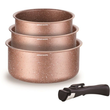 Set de 3 casseroles - Tous feux dont induction - ARTHUR MARTIN - AM2366 - Ø 16,18 et 20 cm + 1 poignée amovible - Terracotta