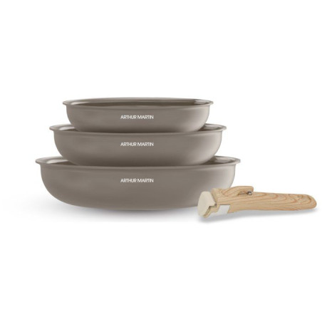 Set de 3 poeles - Tous feux dont induction - ARTHUR MARTIN - AM4587 - Céramique - Ø 20-24-28 cm + poignée amovible - Taupe