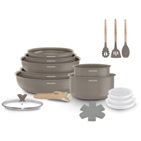 Batterie de cuisine - Tous feux dont induction - ARTHUR MARTIN – Revetement céramique - 18 pieces - Poignée amovible effet bois