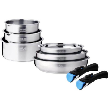 Batterie de cuisine - AM3213 - Tous feux dont induction - ARTHUR MARTIN - Sans PFOA/PFAS - Acier inoxydable 18/10 - 8 pieces