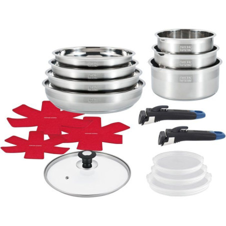 Batterie de cuisine - AM3237 - Tous feux dont induction - ARTHUR MARTIN - Sans PFOA/PFAS - Acier inoxydable 18/10 - 16 pieces