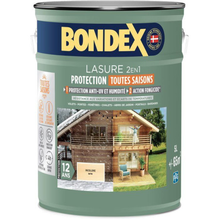 Lasure 2 en 1 protection extérieure - Incolore - Satin - Protection 12 ans - Toutes saisons - Bondex - 5L
