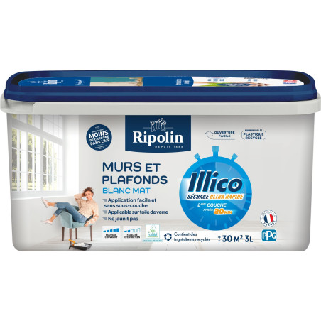 Peinture murs et plafonds - Blanc - Mat - RIPOLIN - Illico - 3 L