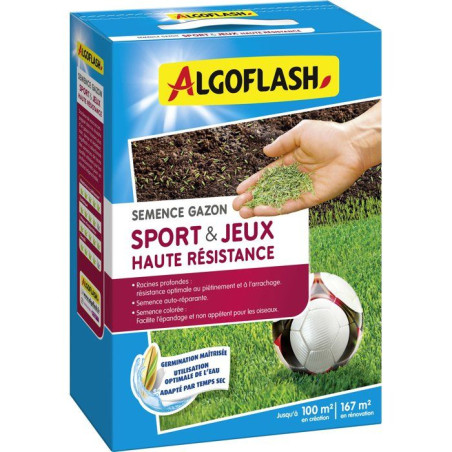 Semences gazon Sports & jeux - Haute résistance - 2,5 kg - Jusqu'a 100 m² création / jusqu'a 167 m² rénovation - ALGOFLASH