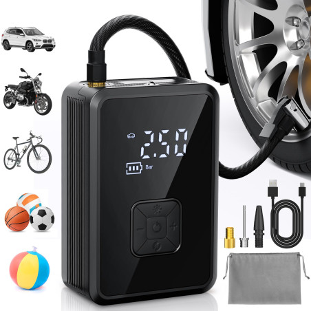 Oasser Gonfleur Pneus Voiture sans Fil Mini Compresseur à Air Portatif 150 PSI (10,3 Bar) Inflation Rapide Cylindre 17 mm Type-C