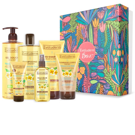 EVOLUDERM - Coffret Cadeau Bain Femme Corps & Cheveux au Monoï de Tahiti – 6 produits – Gant Exfoliant offert - Origine Naturell
