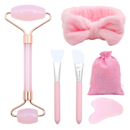 Rouleau Gua Sha Kits - VEGCOO - Quartz Rose - Jade Roller Visage et Pierre de Guasha