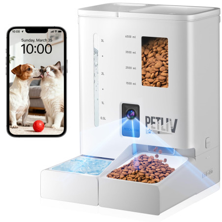 Distributeur Automatique de Croquettes Chat Chien 5L, Connecté WiFi 2,4G/5GHz avec Caméra 2K, Contrôle APP, Distribution Program