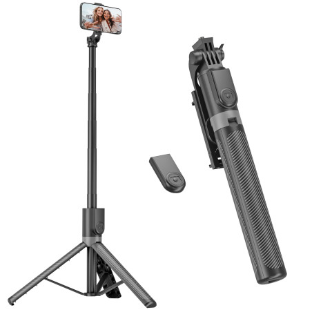 180cm Trepied Smartphone & Perche a Selfie, Trepied Telephone Portable Rétractable en Aluminium avec Télécommande sans Fil