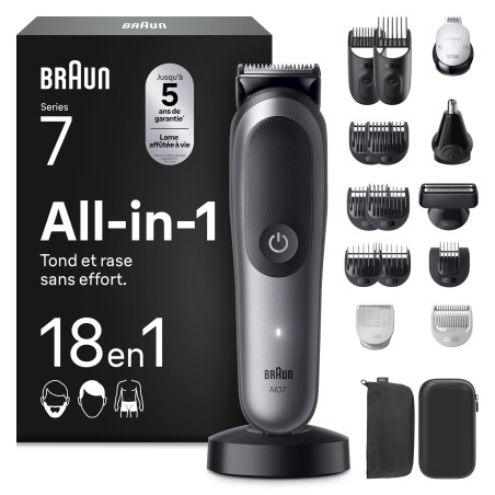 Braun Tondeuse Electrique Tout-En-Un Pour Hommes Series 7 AIO7585, Gris, Kit 18-En-1 Avec Lame ProBlade Et 8 Sabots, Coffret De