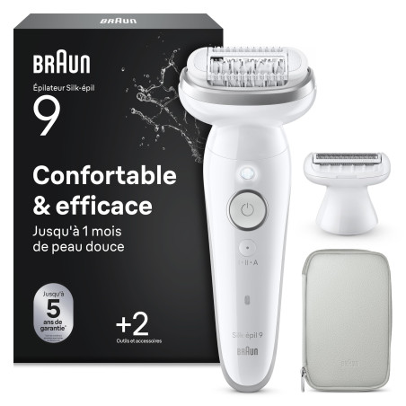 Braun Epilateur Electrique Femme Silk·épil 9, Etanche, Tête Pivotante pour une Epilation Facile, Coffret avec Sabot Tondeuse et