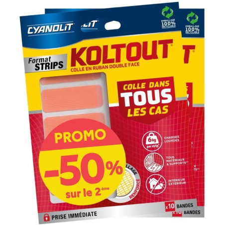 Lot de 2 rubans adhésifs double face - CYANOLIT - KOLTOUT RUBAN - Strips x10 - Haute adhérence