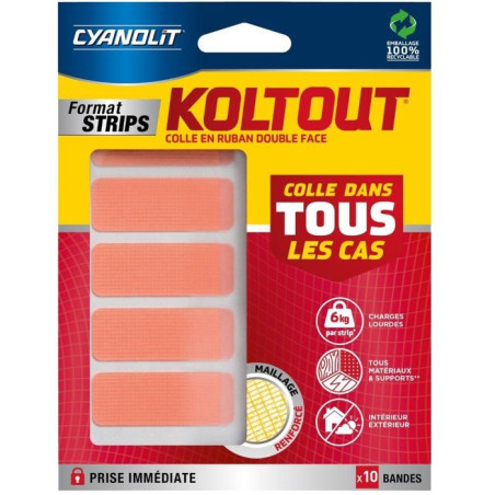 Ruban adhésif double face - CYANOLIT - KOLTOUT RUBAN - Strips x10 - Haute adhérence - Discret résistant