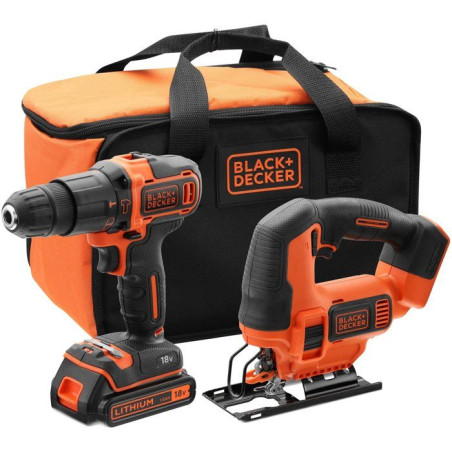 Kit Perceuse a percussion + scie sauteuse sans fil - 18V - BLACK+DECKER - BCK22S1S-QW + 1 batterie 1,5Ah + chargeur + sac