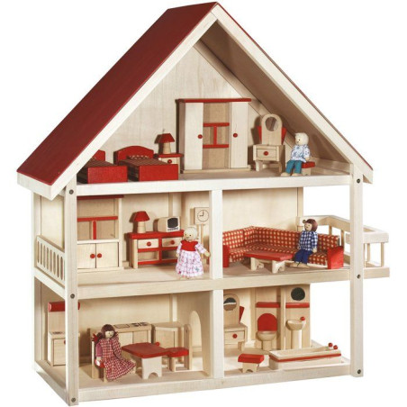Maison de poupée en bois - ROBA - 3 étages avec 21 pieces de mobilier et 4 poupées&nbsp;- Naturel / Rouge