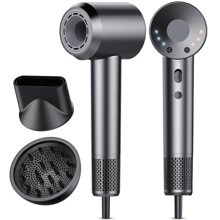 Sèche cheveux portable AOWOKA 1600W - 4 Températures - 9 réglages - Gris