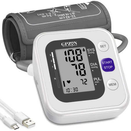 GPZON Tensiomètre Électronique Professionnel Pour Le Haut du Bras, Manchette ajustable 22cm-42cm, Mémoire 2x120, Blanc