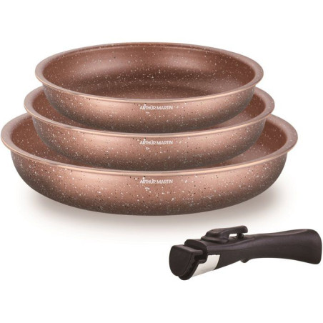 Set de 3 poeles - Tous feux dont induction - ARTHUR MARTIN - AM9811 - Ø 20, 24 et 28 cm + 1 poignée amovible - Terracotta