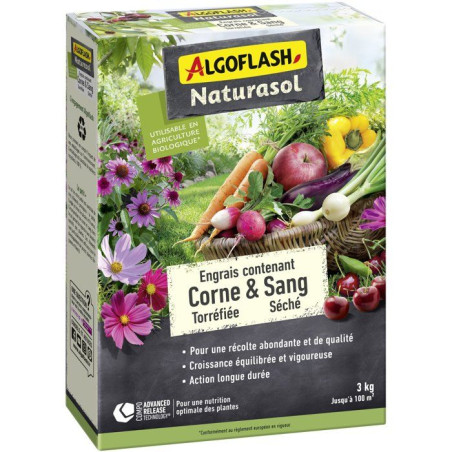 Engrais Corne torréfiée sang séché - 3 kg jusqu'a 100m² - ALGOFLASH NATURASOL