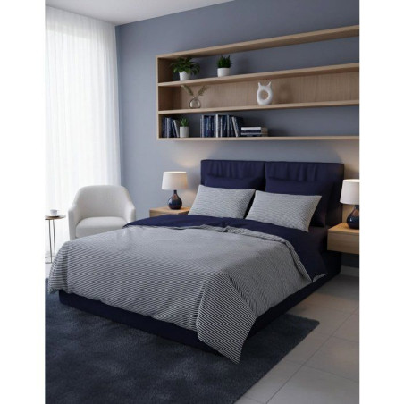 Parure de lit King Size - 1 housse de couette 240 x 220 cm + 2 taies d'oreiller 60 x 60 cm - 100% coton renforcé -Rayures Bleu