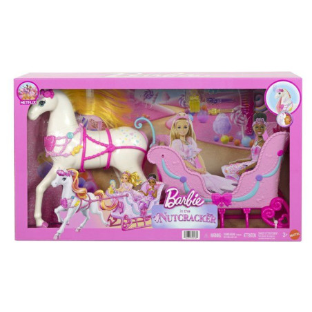 Accessoire pour poupée - Barbie - Traîneau et Cheval Casse-Noisette - Attelage 2 places - Des 3 ans