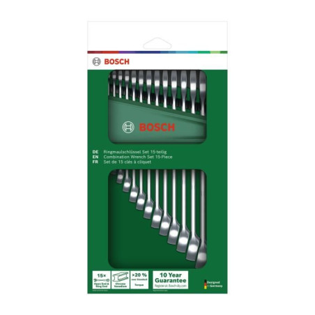 Bosch Set de 15 clés mixtes (clés plates robustes universelles métrique 6-21 mm design ergonomique)