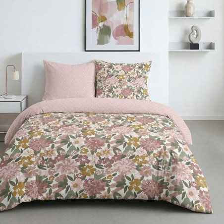 Parure de Lit - 240 x 220 cm - Coton Imprimé Floral Champetre Rose Poudré - TODAY SUNSHINE