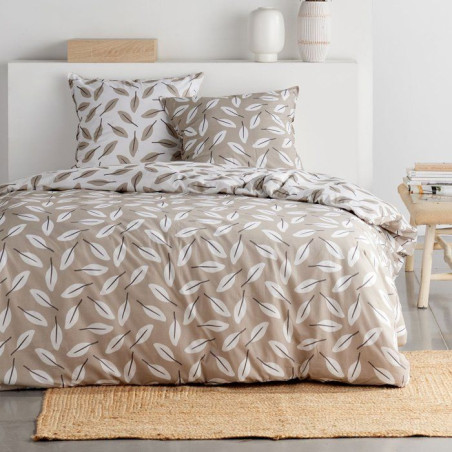 Parure de Lit - 260 x 240 cm - Coton Imprimé Floral Beige avec Motif Feuille - TODAY SUNSHINE