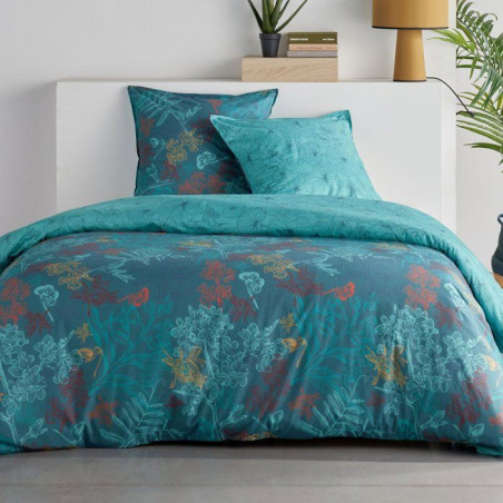 Parure de Lit - 240 x 220 cm - Coton Imprimé Feuillage Exotique Bleu Canard - TODAY SUNSHINE