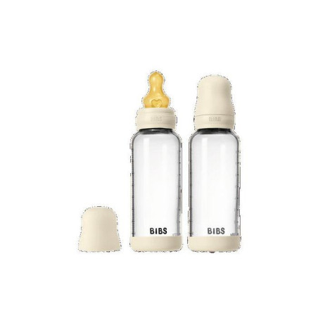 Biberon bébé - BIBS Verre - Embout rond - Caoutchouc naturel - 240 ml - Débit moyen - Ivory - Pack de 2