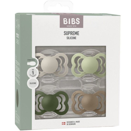 Sucette bébé - BIBS Supreme - Symétrique - T1 - Silicone - 4 pieces - Sand Sage Hunter Green Dark Oak